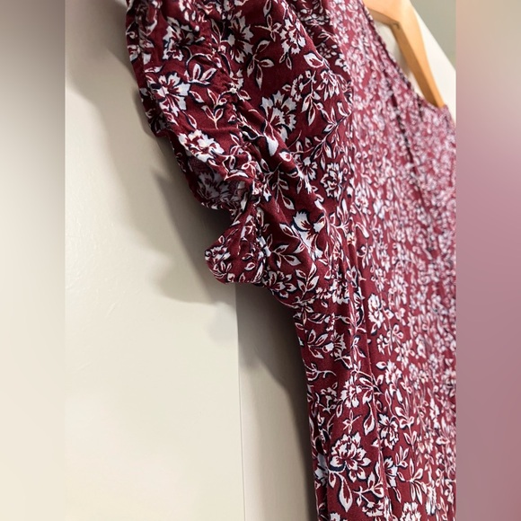 J. Crew Burgundy Floral Tiered Midi Dress Puff Sleeves Pockets Size Small - Picture 5 of 11